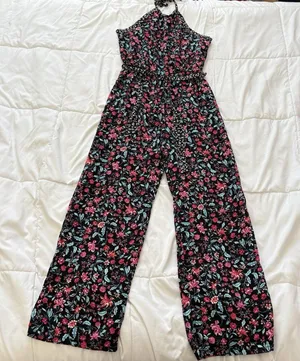 Kingston Gray Jumpsuit Womens Large Floral Black Tie‎ Halter Whimsy Hippie Boho thumbnail 1