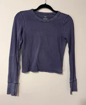 AERIE Vintage Wash Navy Cotton Crewneck Long Sleeve Tee Women’s Top Sz S EUC thumbnail 1