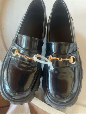 Princess Polly Black Patent Lug-Sole Loafers with Gold Bit thumbnail 6