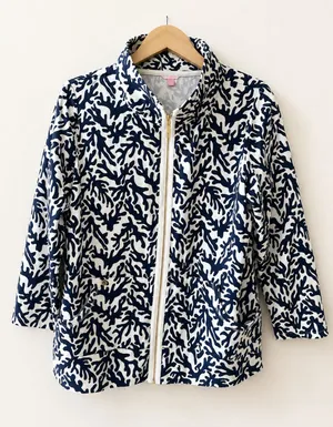 Lilly Pulitzer Navy White Coral Print Zip Front Jacket Size XL Resort Coastal thumbnail 1