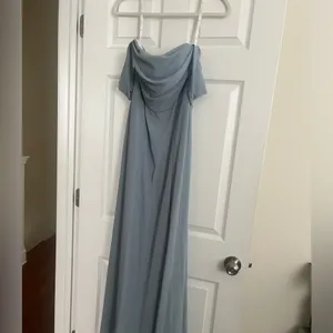 David's Bridal Dusty Blue Off the shoulders dress thumbnail 3