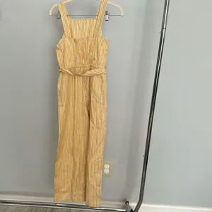 Copper Key Yellow White Striped Jumpsuit Womens Large Wide Leg Smocked Tie Waist thumbnail 4