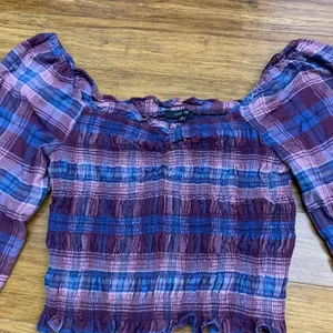 Love Tree Smocked Plaid Square Neck Long‎ Sleeve Crop Top Women's Size Medium thumbnail 2