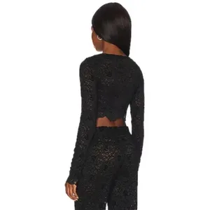 Free People Intimately Cloud Ride Floral Lace Long Sleeve Crop Top Black Large thumbnail 2