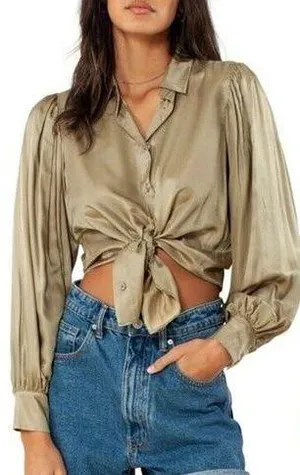 Hale Bob Satin Button Front Top Small Silk Blend Olive Puff Sleeves thumbnail 1