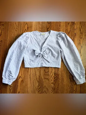 Maeve Anthropologie Cropped Gingham Bow Blouse Lavender Sz 14 Cottage Coastal thumbnail 5