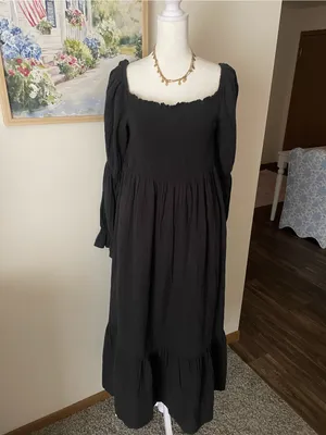 Quince 100% Organic Cotton Gauze Maternity Smocked Midi Dress Black Large thumbnail 5