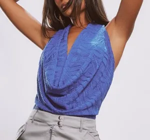 Electric Blue Textured Cowl Neck Blouse thumbnail 4