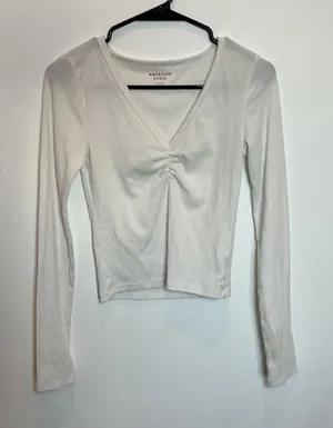 American Eagle White Ribbed Ruched V Neck Long Sleeve Crop Top‎ S thumbnail 1