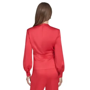 Halston Womens Satin Surplice-Draped Cross Over Neck Blouse Top Bright Red L thumbnail 8