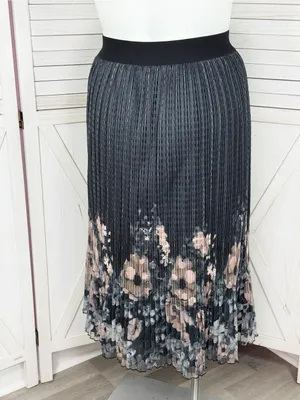 Metrowear Pleated Floral Boarder Sheer Midi‎ Skirt Steel Blue Peach Large thumbnail 4