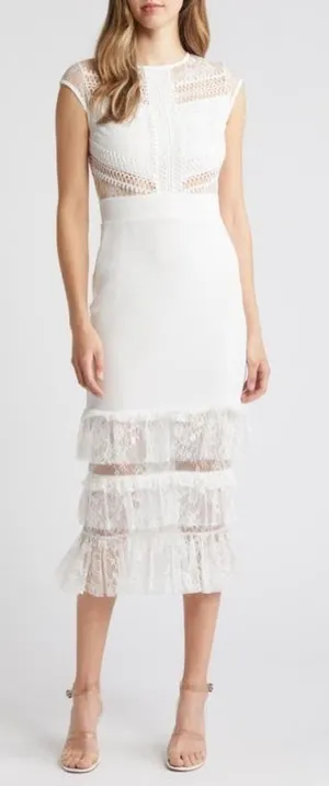 NWT BEBE Tiered Ruffle Lace Midi Dress Ivory Short Sleeve Size XL thumbnail 1