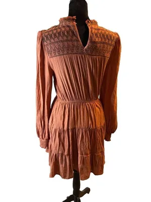 Blu Pepper Rust Smocked Mock Neck Embroidered Tiered Mini Dress thumbnail 2