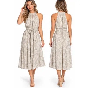 Prologue Midi Dress Womens Small Beige Floral Halter Neck Sleeveless Belted Boho thumbnail 2
