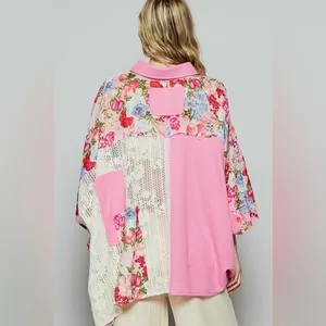 POL Size Small Oversize long sleeve crochet lace contrast top thumbnail 3
