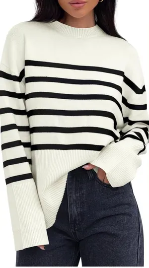 Zesica Striped Oversized Ribbed Side Slit Women's Sweater. Size-Medium. Parisian thumbnail 1