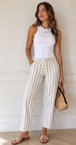 Sharagano Striped Linen Blend Trousers Size 12 Neutral Coastal Grandma NWOT thumbnail 1