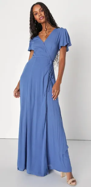 Lulus Heart of Marigold Denim Blue Wrap Flutter Sleeve Travel Maxi Dress Sz S thumbnail 1