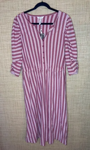 Matilda Jane Women Red Pink Striped Midi Dress NWT Size L Ruched‎ Sleeve Pockets thumbnail 1