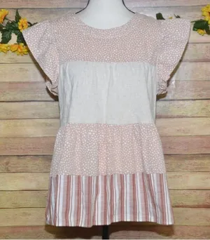 Entro Beige Pink Cap Sleeve Tiered Top Size S Striped Polka Dots Shabby Chic thumbnail 1