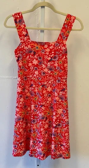 SO Red Floral Square Neck Mini Dress XS Sleeveless Fit & Flare Summer Boho Soft thumbnail 1