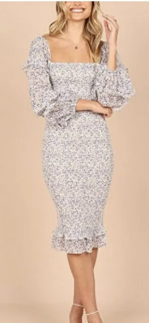 Petal + Pup Dress Womens Large‎ Blue Floral Bonita Shirred Frill Bodycon Midi thumbnail 1