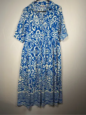 Entro Shirt Dress Women Size S Blue White Ikat Print Midi Side Pockets thumbnail 2