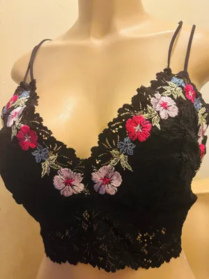 Victoria's Secret Black Lace Bralette with Multicolor Floral Embroidery thumbnail 1