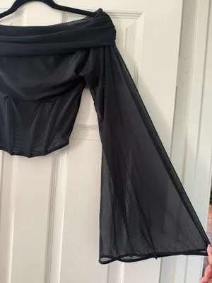BNWT Zara Black Asymmetric Draped Bell Sleeve Tulle Top thumbnail 7