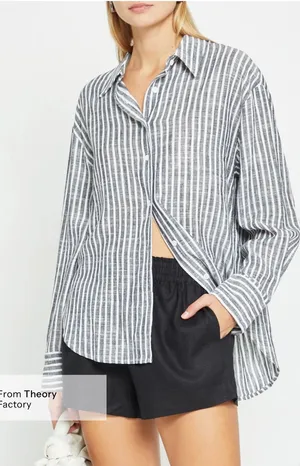 NWT few moda Billy Oversized Linen Shirt size Small S Black Stripe button theory thumbnail 1