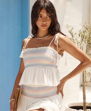 ZARA NWT  Strappy Elasticized Smocked Top Rainbow Ecru. Size Medium thumbnail 3