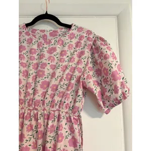 Japanese Floral Tiered Midi Dress Pink Purple Puff Sleeve Elastic Waist Medium thumbnail 2