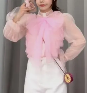 Japanese Kawaii Gyaru Luxury Balletcore Ruffle Chiffon Ribbon Bow Princess Shirt thumbnail 3