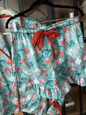 Altar'd State NWT bows satin pajamas set long sleeve shirt top shorts Christmas button down thumbnail 5