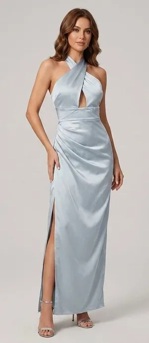 NEW Show Me Your Mumu Dress Brides Silver Blue Halter Neck Maxi Satin Medium thumbnail 1