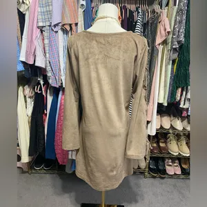 Union of Angels Faux Suede V-Neck Dress Lattice Sleeve Brown Medium thumbnail 3