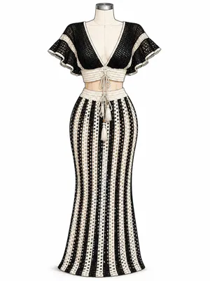 Black & White Crochet Maxi Skirt - Beach-Ready Style thumbnail 2