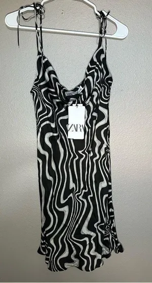 ZARA The Safia black abstract zebra print mini dress size medium thumbnail 2