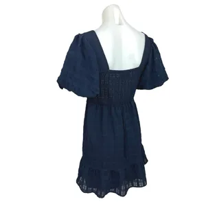 Midnight Doll Blue Smocked Square Neck Puff Sleeve A Line Mini Dress Size M thumbnail 2