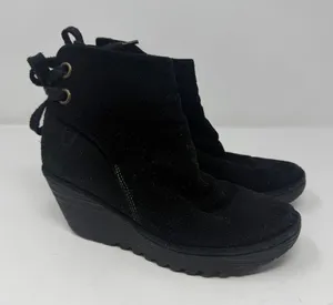 Fly London Suede Wedge Ankle Boots Black Lace Up Back Women Size 38 thumbnail 1