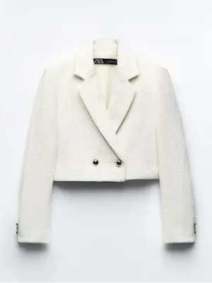Zara tweed blazer jacket cropped textured ecru double breasted tailored thumbnail 6
