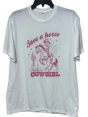 Save a Horse, Ride a Cowgirl Graphic Tee L 22” p2p White NWOT thumbnail 2