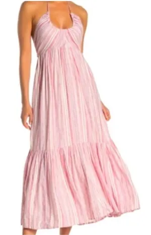 Free People Audrey Halter Maxi Dress Pink Striped Tie Back S thumbnail 1