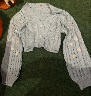 Blue cardigan with pink embroidered flowers thumbnail 1