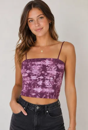 American Eagle Women's Plum & Pink Tie Dye Cropped Cami Top Elastic Strap Small thumbnail 1