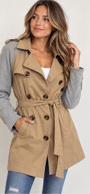 Cotton Candy LA Colorblock Trench Coat Tan Gray Belted Jacket Size S thumbnail 1