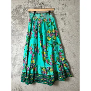 Vintage Tropical Floral Maxi Skirt Teal Smocked Waist Boho Cottagecore Cotton SM thumbnail 3