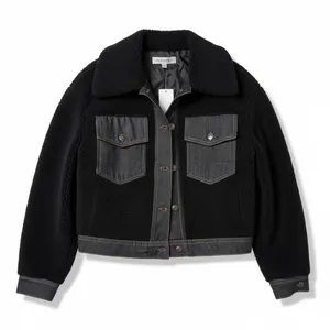 Madden Girl Juniors Denim Sherpa Jacket Size M Black Denim-Trim Fleece Buttons‎ thumbnail 1