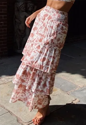 WeWoreWhat Paloma Tiered Pastoral Toile Maxi Skirt Like New Large. Smocked stretchy waist. Beautiful layered ruffles. Rust red/white. Boho/festival vibe. AirTag missing, but this is definitely cotton or cotton blend. 37” long 13.5-16” waist thumbnail 1