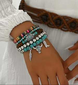 Western Lovely Vibrant Turquoise Stone Beaded Stretch Bracelet Elegant Stackable Brown thumbnail 5